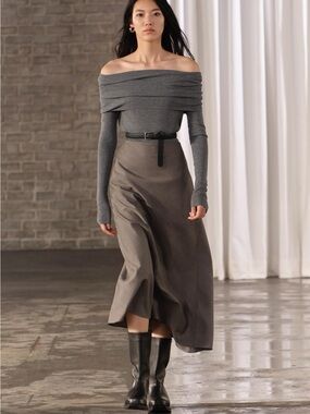 Zara | 98% Wool Midi Skirt in Warm Grey/Brown